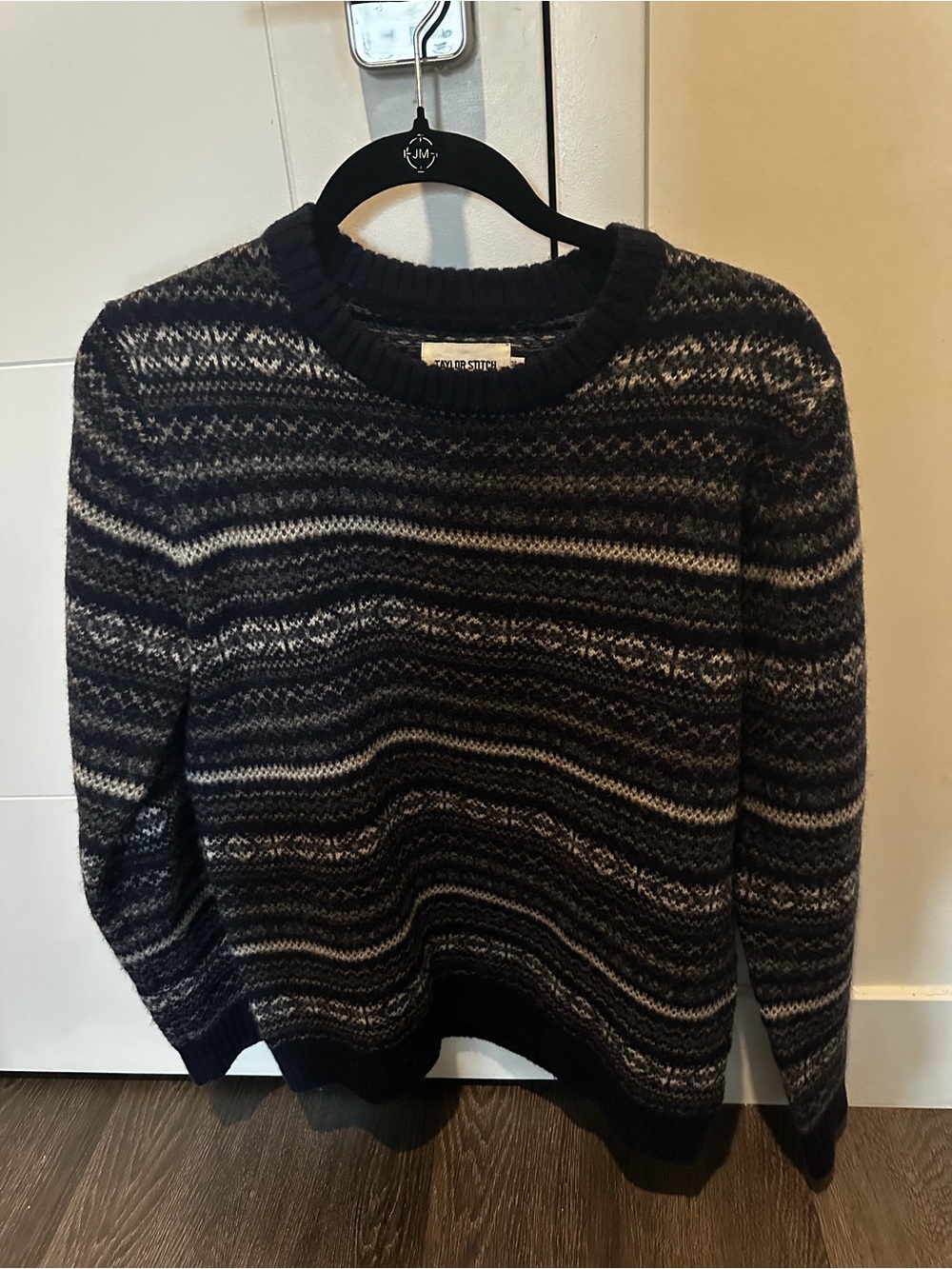 Taylor Stitch Navy and Gray Fair Isle Crewneck Sweater